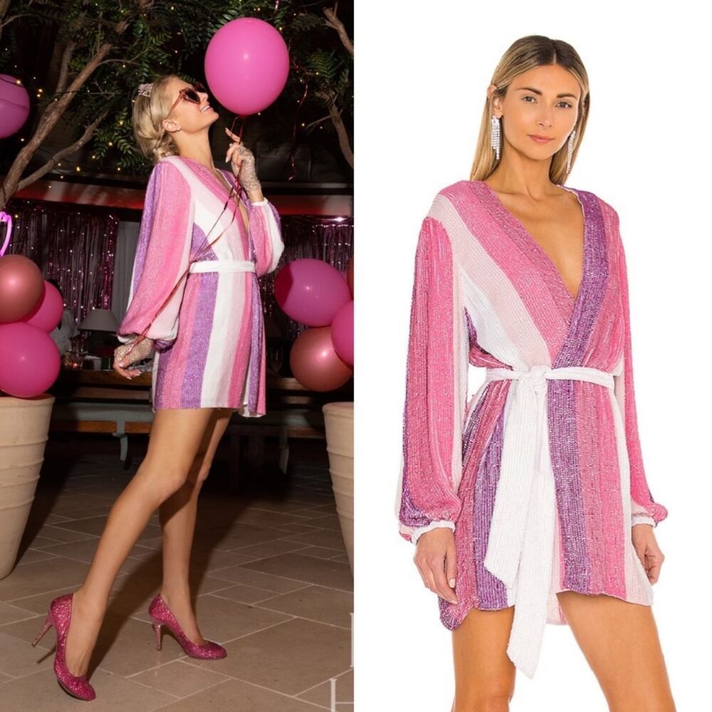 RETROFETE Gabrielle Sequin Robe Mini Cocktail Wrap Dress Belted Long Sleeve NEW